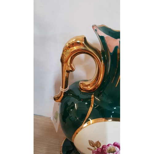 456 - Retro Style Ceramic Pair of Decorative Vases, Green, Floral Pattern, H: 25cm Each, Gold Rim, A/F- Ch... 