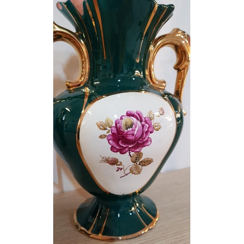 456 - Retro Style Ceramic Pair of Decorative Vases, Green, Floral Pattern, H: 25cm Each, Gold Rim, A/F- Ch... 