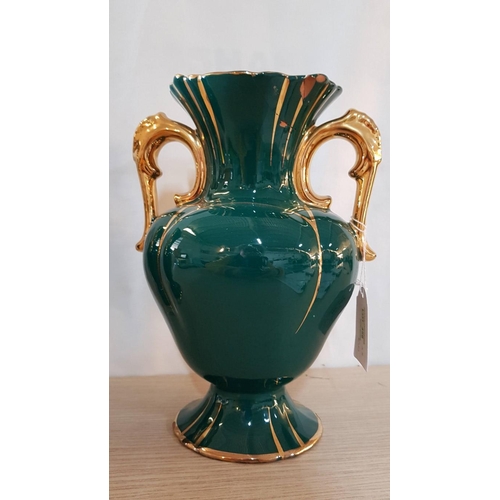 456 - Retro Style Ceramic Pair of Decorative Vases, Green, Floral Pattern, H: 25cm Each, Gold Rim, A/F- Ch... 