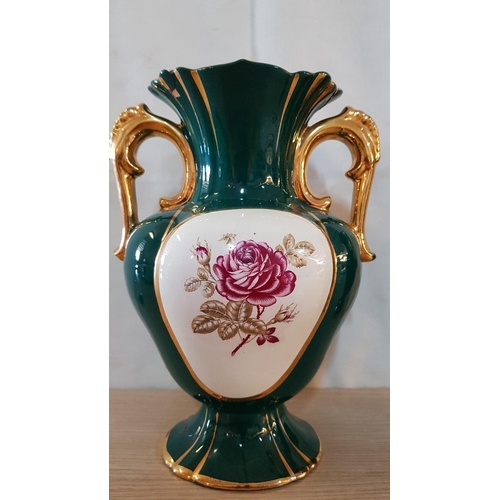 456 - Retro Style Ceramic Pair of Decorative Vases, Green, Floral Pattern, H: 25cm Each, Gold Rim, A/F- Ch... 