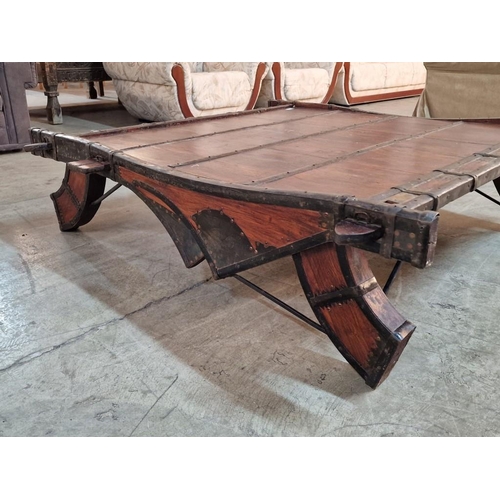 141 - Large Rustic Indian Ox Cart / Asian Howdah Coffee Table, Solid Wood with Metal Work, (Approx. 137 x ... 