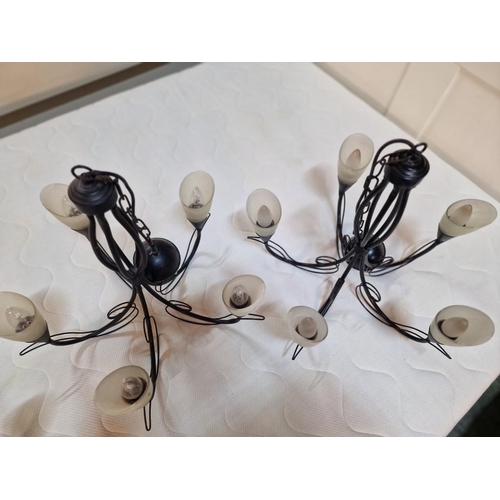 145 - Set of 3 x Black Metal 5-Arm Ceiling Lights with Frosted Glass Shades, (3)