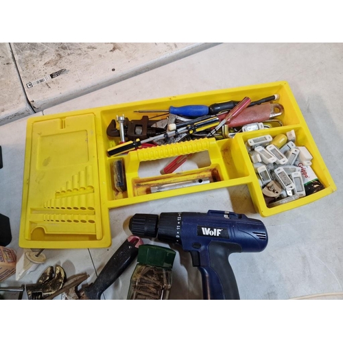 148 - Stanley Tool Box with Qty of Assorted Tools; Saws, Spanners, Staplers, Wire Brush, Right Angles, etc... 