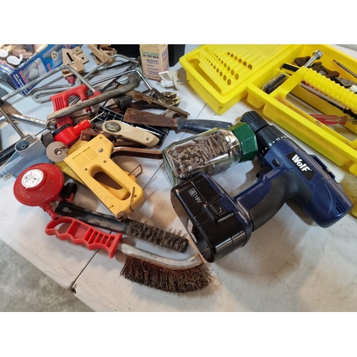 148 - Stanley Tool Box with Qty of Assorted Tools; Saws, Spanners, Staplers, Wire Brush, Right Angles, etc... 