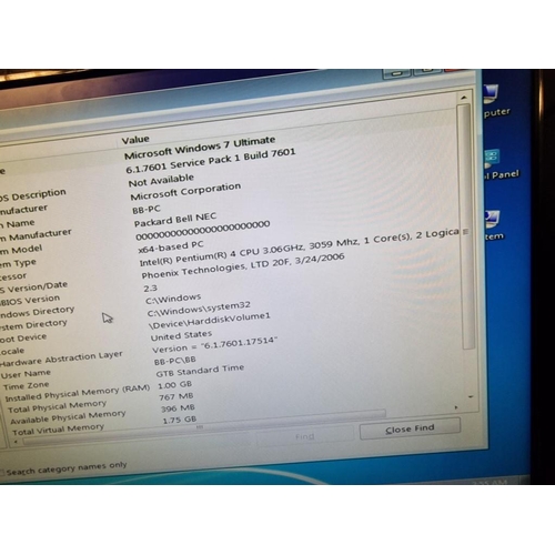 192 - Desktop Computer Set; Packard Bell PC Tower with Windows 7 Ultimate, Pentium 4 CPU, 3.06GHz, 1GB RAM... 