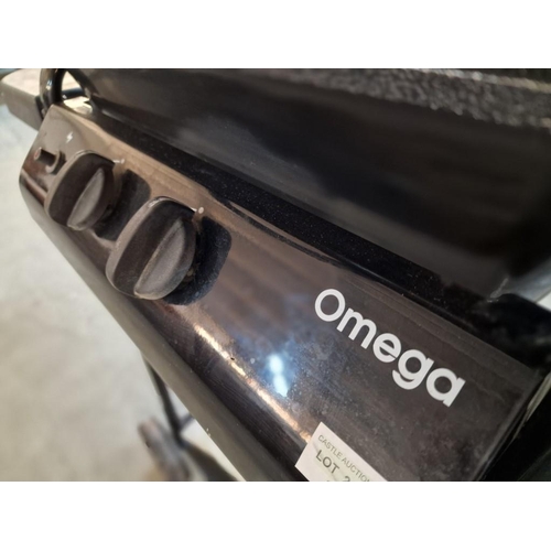 222 - Omega Gas Barbeque (BBQ) on Fitted Stand with Wheels, Together with Part Bag of Charcoal and Cleanin... 