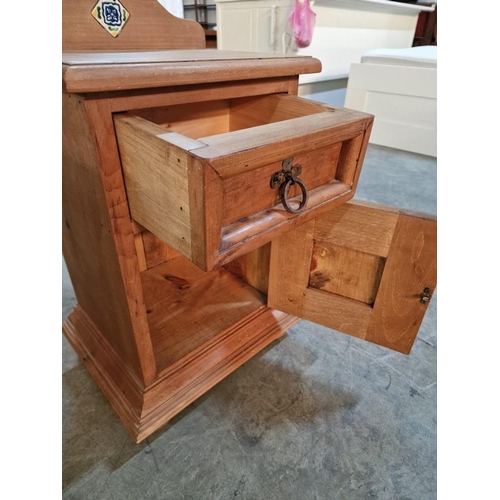 81 - Country Style Solid Wood Bedside Unit with Drawer over Cupboard, Metal Ring Handles and Arched Upsta... 