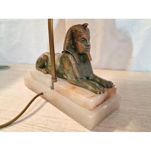 97 - Brass Effect Sphinx Table Lamp on Stepped Marble Effect Base with Cream Shade,