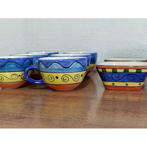 255 - 'Living Art' Panama Hand Painted Tableware; Fruit / Serving Bowl, 6 x Cups and 2 x Square Dishes wit... 