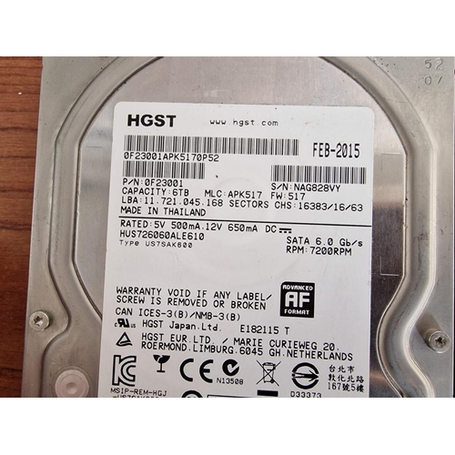 256 - 7 x Computer Hard Drives; Incl. HGST 6TB (2015), WD 250GB (2011), Toshiba 1TB (2019), WD 500GB (2011... 