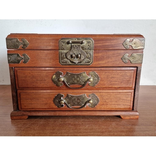 1A - Vintage Rosewood and Brass Table Top Jewelery Box / Chest with Oriental Style Decoration, Hinged Lif... 