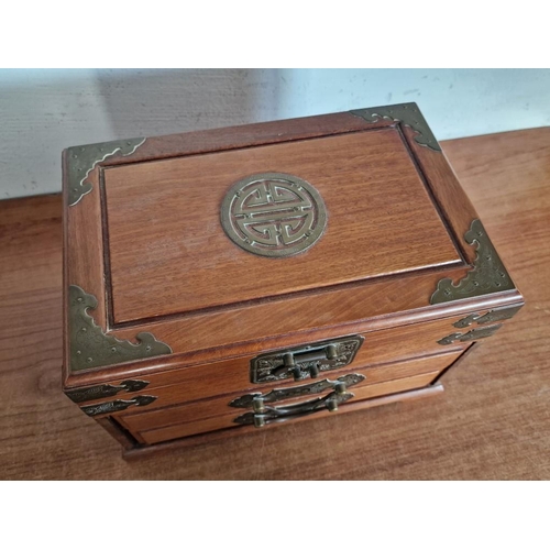 1A - Vintage Rosewood and Brass Table Top Jewelery Box / Chest with Oriental Style Decoration, Hinged Lif... 