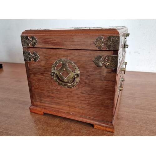 1A - Vintage Rosewood and Brass Table Top Jewelery Box / Chest with Oriental Style Decoration, Hinged Lif... 