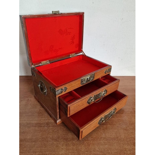 1A - Vintage Rosewood and Brass Table Top Jewelery Box / Chest with Oriental Style Decoration, Hinged Lif... 