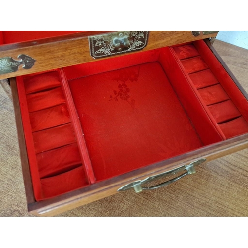 1A - Vintage Rosewood and Brass Table Top Jewelery Box / Chest with Oriental Style Decoration, Hinged Lif... 