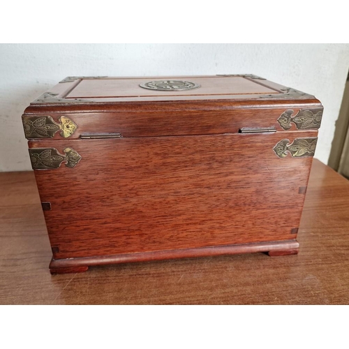 1A - Vintage Rosewood and Brass Table Top Jewelery Box / Chest with Oriental Style Decoration, Hinged Lif... 