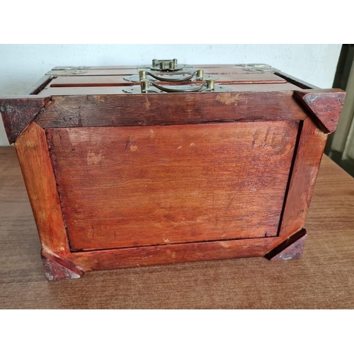 1A - Vintage Rosewood and Brass Table Top Jewelery Box / Chest with Oriental Style Decoration, Hinged Lif... 