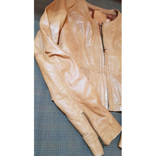 199A - Leather Camel Colour 'Ramoneska' Women's Jacket (Biker Jacket), Size S with Zipper.