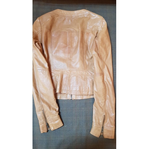 199A - Leather Camel Colour 'Ramoneska' Women's Jacket (Biker Jacket), Size S with Zipper.