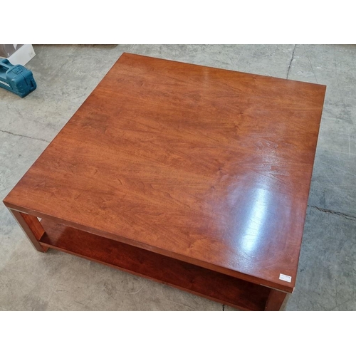 139B - Large Square Heavy Coffee Table, Dark Cherry Wood Colour with Lower Shelf and Inset Chrome Colour Si... 