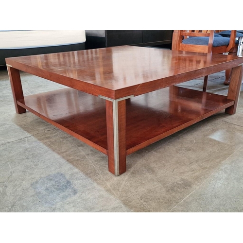 139B - Large Square Heavy Coffee Table, Dark Cherry Wood Colour with Lower Shelf and Inset Chrome Colour Si... 