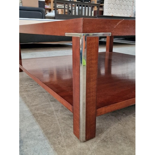 139B - Large Square Heavy Coffee Table, Dark Cherry Wood Colour with Lower Shelf and Inset Chrome Colour Si... 