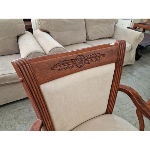 139C - Pair of Classical Style Dark Cherry Wood Armchairs with Carvings and Cream Padded Fabric Seat & Back... 