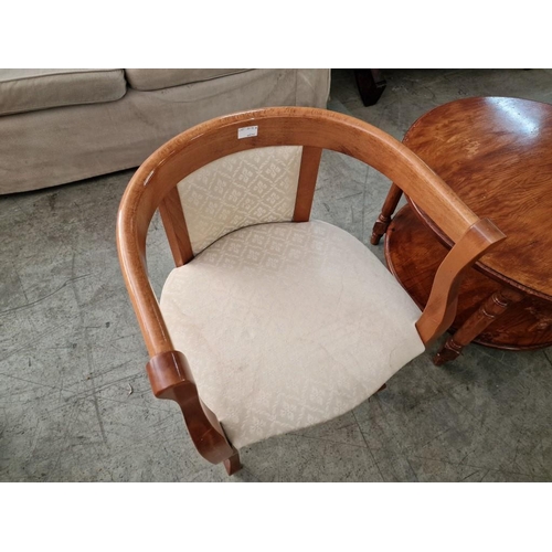 214A - Danish Style Wooden Tub Chair / Easy Chair with Patterned Cream Fabric Padded Seat and Back Rest