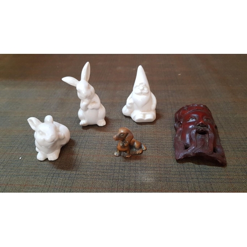 459 - Collection of Mini Souvenir: Ceramic Ornaments, Chinese Wood Carving, Brass Dog Sculpture. (x5)