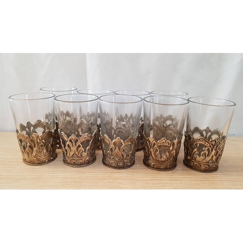 348 - Vintage Oriental 'Tea' Glasses with White Metal Filigree Pattern Holders, Set of 9x.