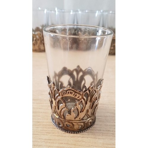 348 - Vintage Oriental 'Tea' Glasses with White Metal Filigree Pattern Holders, Set of 9x.