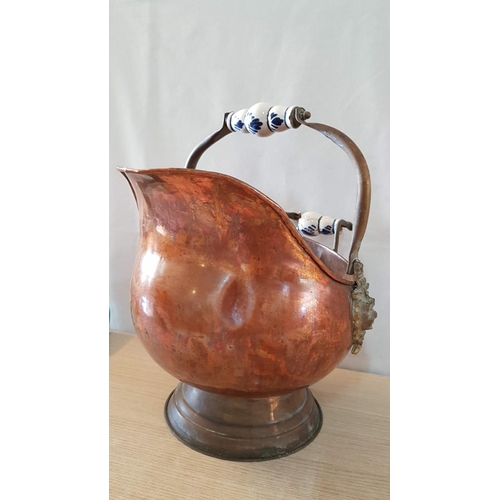 351 - Vintage Copper Coal Bucket with Porcelain Handle. A/F (Broken One Porcelain Handle).