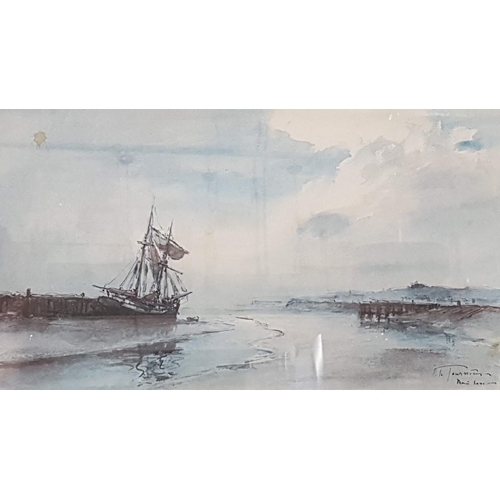 354 - 'Moored Sailing Boat ', Framed Print after Original Watercolor, Dark Wood Frame, 25cm x 40cm x 20cm.