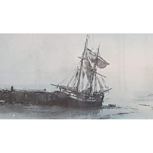 354 - 'Moored Sailing Boat ', Framed Print after Original Watercolor, Dark Wood Frame, 25cm x 40cm x 20cm.