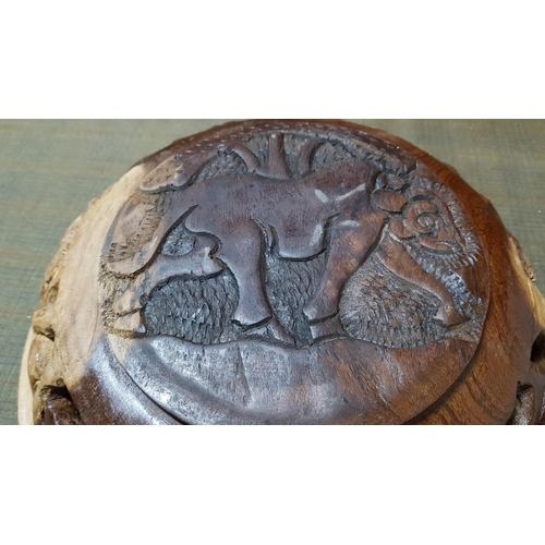 193 - Large Wooden African Carved Bowl/Basket, Elephant Carved in The Middle and Monkey on the Outside Bot... 