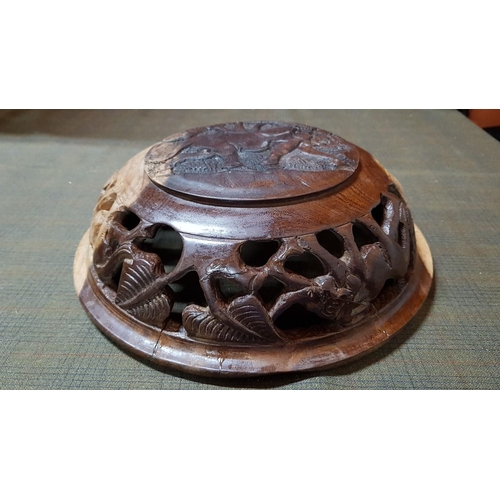 193 - Large Wooden African Carved Bowl/Basket, Elephant Carved in The Middle and Monkey on the Outside Bot... 