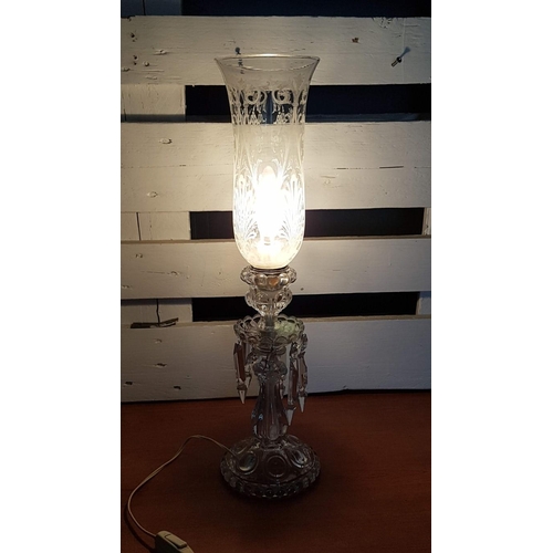 243 - Old Baccarat Style Crystal Electric Lamp with Hurricane Lamp Shade, Decorated with Hanging Crystals,... 