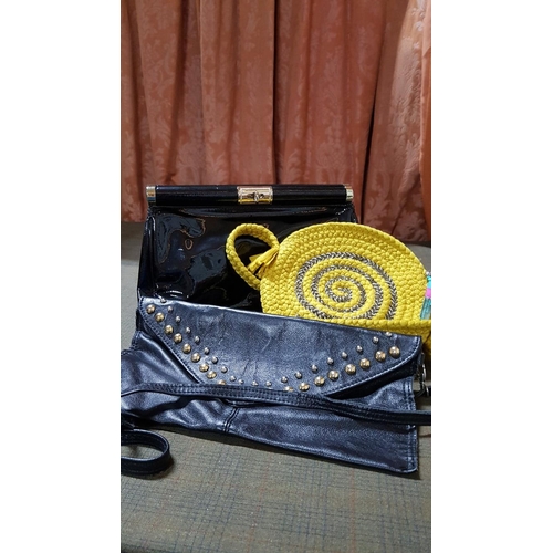 388 - Various Handbags: Yellow Boho Round Shoulder Bag, Black Decorative Bag with Studs and Black Lacquere... 