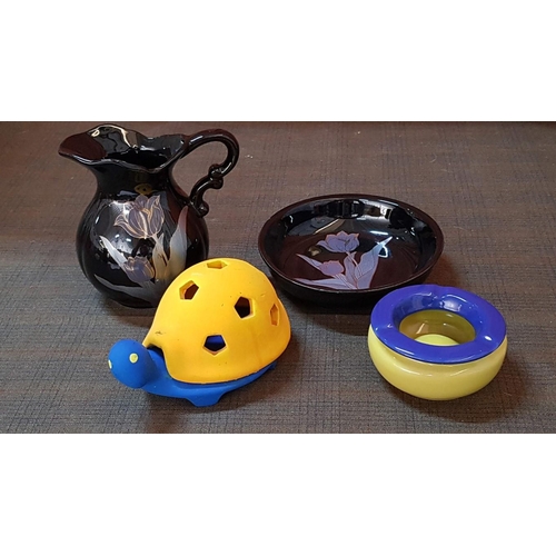 427 - Small Collection of Home Decor: Black Glazed Porcelain Jag and Bowl. Together with Yellow/Blue Candl... 