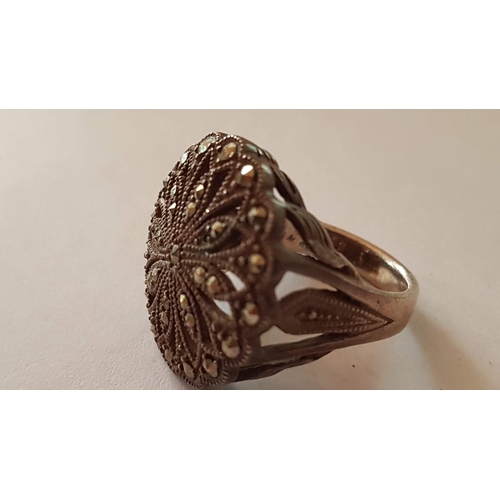 192 - High Ornate Silver Oxidized Filigree Ring Decorated with Marcasite Stones, Size P, Approx. 9.7g.