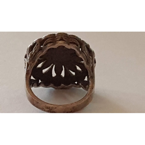 192 - High Ornate Silver Oxidized Filigree Ring Decorated with Marcasite Stones, Size P, Approx. 9.7g.