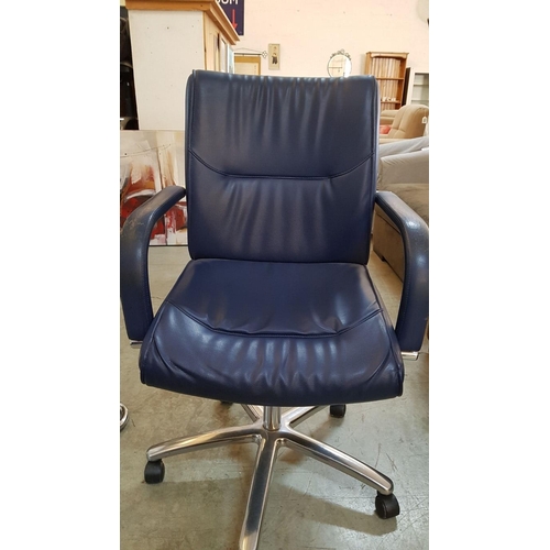 239 - Navy Blue Office Armchair, Leather Effect, Swivel, (a/f, wear to arms and does not rise)