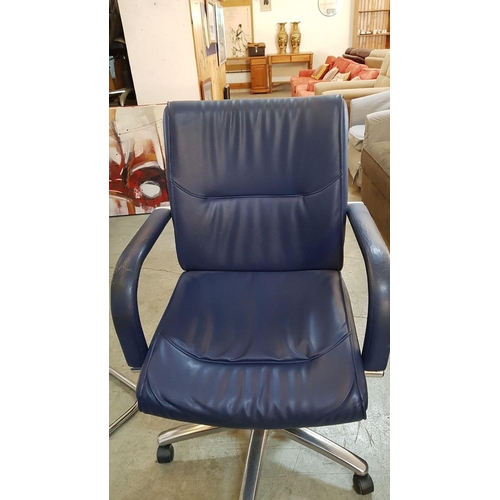 239 - Navy Blue Office Armchair, Leather Effect, Swivel, (a/f, wear to arms and does not rise)