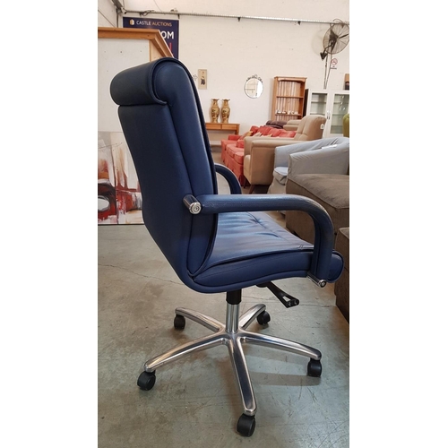 239 - Navy Blue Office Armchair, Leather Effect, Swivel, (a/f, wear to arms and does not rise)