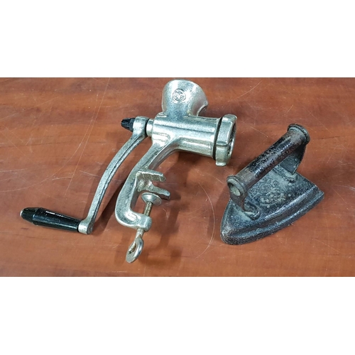 394 - Vintage Home Tools: Cast Iron, Small Flat Iron and Metal Food Grinder. x2