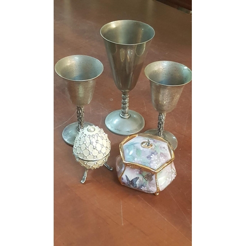 398 - Assorted Collection: 3x Vintage Style Silver Plated Goblets, 'Faberge' Style Egg Trinket Box and Por... 