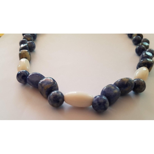 421 - Natural Stone Necklace with Blue and White Stones Beads (L: 53cm). Together with Ethnic Hand Painted... 