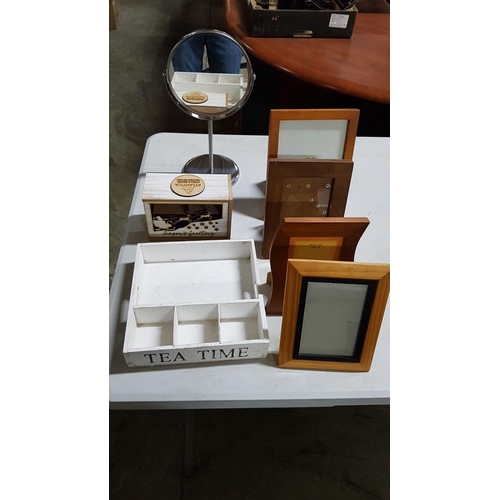 462 - Home Decor: 4x Wooden Photo Frames, Wooden Tea Container, Wooden Craft Ornament and Vanity/Magnifyin... 