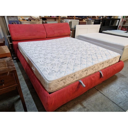 71 - Modern Double / King Size Bed with Red Fabric Surround, Adjustable Padded Headboard, Hinged / Hydrau... 