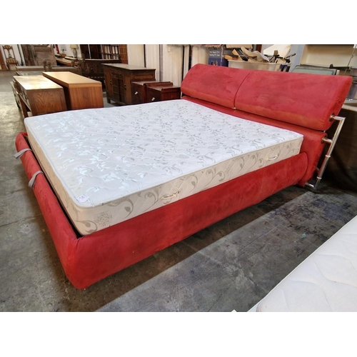 71 - Modern Double / King Size Bed with Red Fabric Surround, Adjustable Padded Headboard, Hinged / Hydrau... 